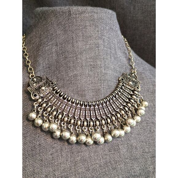Vintage Boho Silvertone Collar Necklace with Charm Dangles - Picture 1 of 4